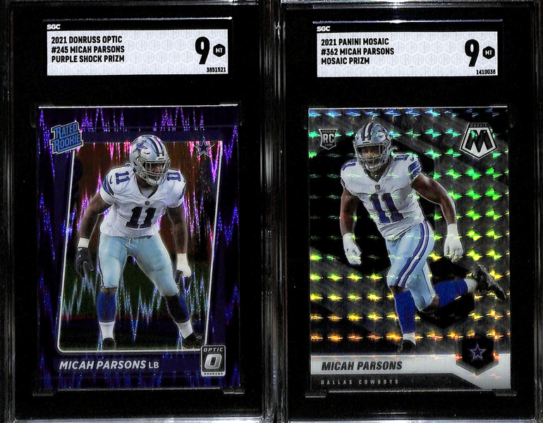 Lot of (5) 2021 Defensive SGC Graded Rookie Cards inc. Select Jaycee Horn Green Disco (SGC 10) (#/5), Donruss Optic Micah Parsons Blue Hyper (SGC 9.5), Phoenix Micah Parsons Purple (SGC 10)...