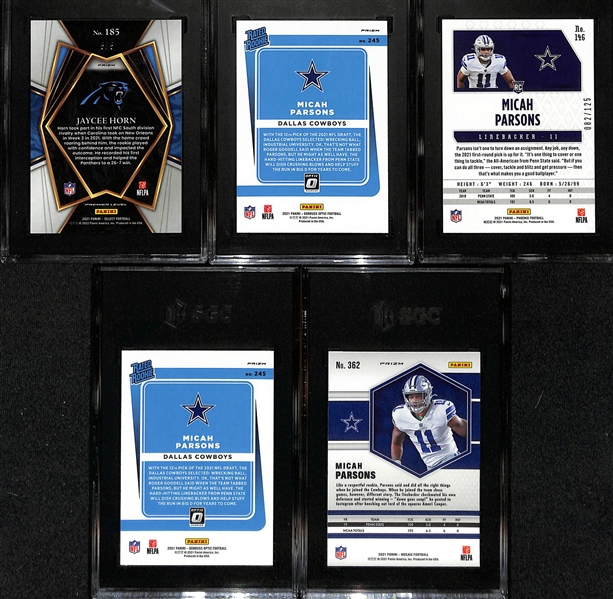 Lot of (5) 2021 Defensive SGC Graded Rookie Cards inc. Select Jaycee Horn Green Disco (SGC 10) (#/5), Donruss Optic Micah Parsons Blue Hyper (SGC 9.5), Phoenix Micah Parsons Purple (SGC 10)...