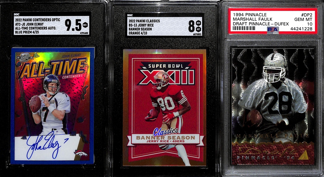 Lot of (3) Hall of Fame Graded Insert and Parallel Cards inc. 2022 Contenders Optic John Elway All Time Contenders Autograph Blue (SGC 9.5) (#/25), 2022 Classics Jerry Rice Banner Season Orange...