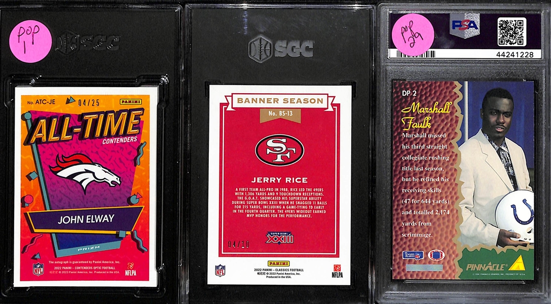 Lot of (3) Hall of Fame Graded Insert and Parallel Cards inc. 2022 Contenders Optic John Elway All Time Contenders Autograph Blue (SGC 9.5) (#/25), 2022 Classics Jerry Rice Banner Season Orange...