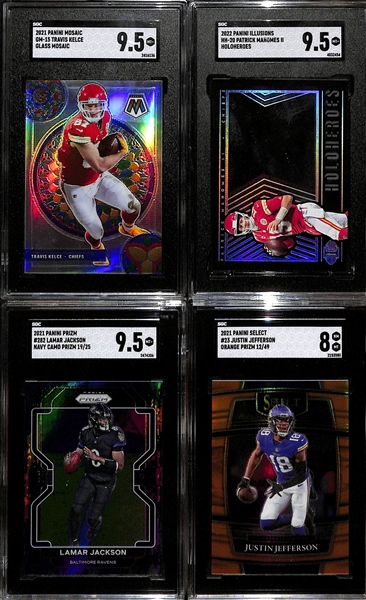 Lot of (4) Current NFL Superstar SGC Graded Insert and Short Print Cards Inc. 2021 Mosaic Travis Kelce Stained Glass (Case Hit) (SGC 9.5), 2022 Illusions Patrick Mahomes HoloHeroes (Case Hit) (SGC...