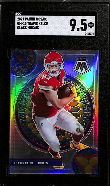 Lot of (4) Current NFL Superstar SGC Graded Insert and Short Print Cards Inc. 2021 Mosaic Travis Kelce Stained Glass (Case Hit) (SGC 9.5), 2022 Illusions Patrick Mahomes HoloHeroes (Case Hit) (SGC...