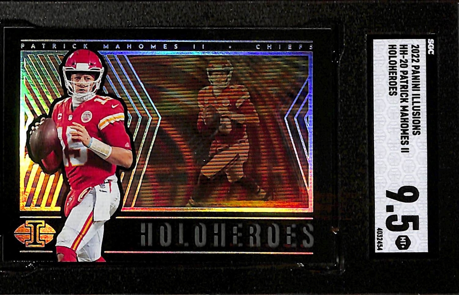 Lot of (4) Current NFL Superstar SGC Graded Insert and Short Print Cards Inc. 2021 Mosaic Travis Kelce Stained Glass (Case Hit) (SGC 9.5), 2022 Illusions Patrick Mahomes HoloHeroes (Case Hit) (SGC...