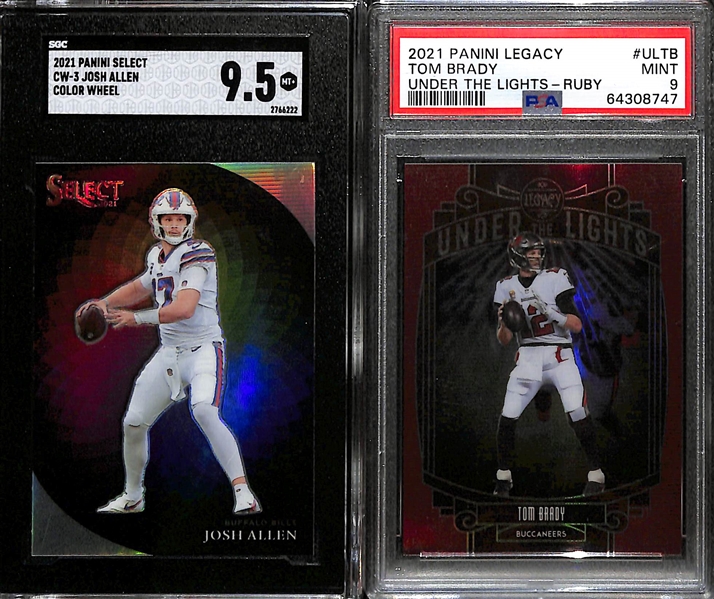 Lot of (2) 2021 Quarterback Graded Super Short Print Cards Inc. Select Josh Allen Color Wheel (Case Hit) (SGC 9.5), Legacy Tom Brady Under The Lights Ruby (#/50) (PSA 9)