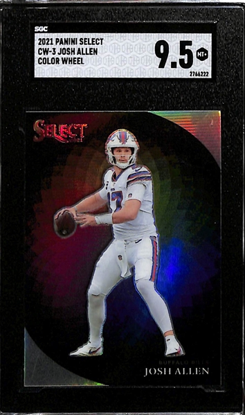 Lot of (2) 2021 Quarterback Graded Super Short Print Cards Inc. Select Josh Allen Color Wheel (Case Hit) (SGC 9.5), Legacy Tom Brady Under The Lights Ruby (#/50) (PSA 9)