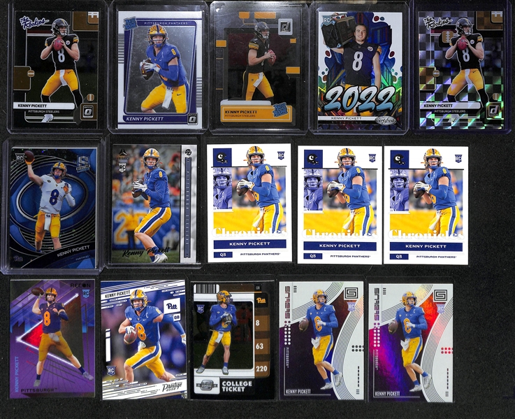 Lot of (30) Kenny Pickett Rookie Cards inc. Donruss Optic The Rookies, Chronicles Draft Optic, Clearly Donruss, Certified Graffiti, Donruss The Rookies, Chronicles Draft Spectra Blue (99),...