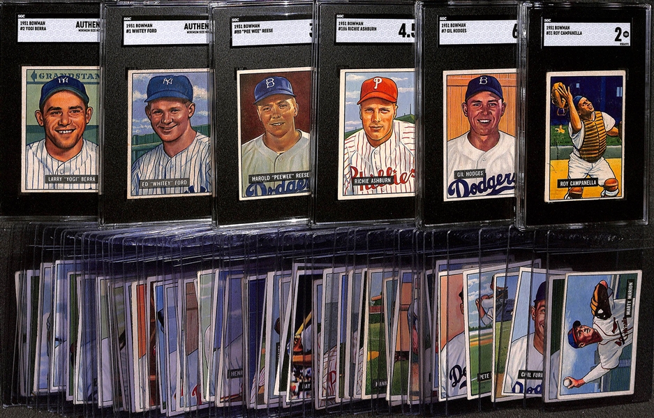 Lot of (59) 1951 Bowman Baseball Cards w. (6) SGC Graded Cards inc. Roy Campanella SGC 2