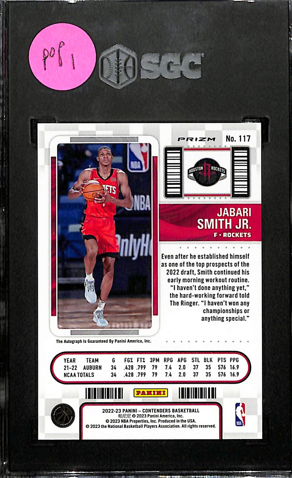 Lot Detail 2022 23 Contenders Jabari Smith Jr Premium Edition Rookie Autograph Card Graded Sgc 
