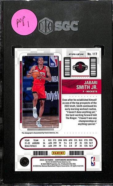 2022-23 Contenders Jabari Smith Jr Premium Edition Rookie Autograph Card Graded SGC 9 (10 Auto)