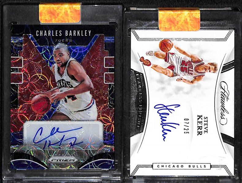 Lot of (2) NBA Hall of Fame Autograph Cards inc. 2019-20 Prizm Charles Barkley Choice Short Print, 2019-20 Flawless Steve Kerr Flawless Finishes (#/75)