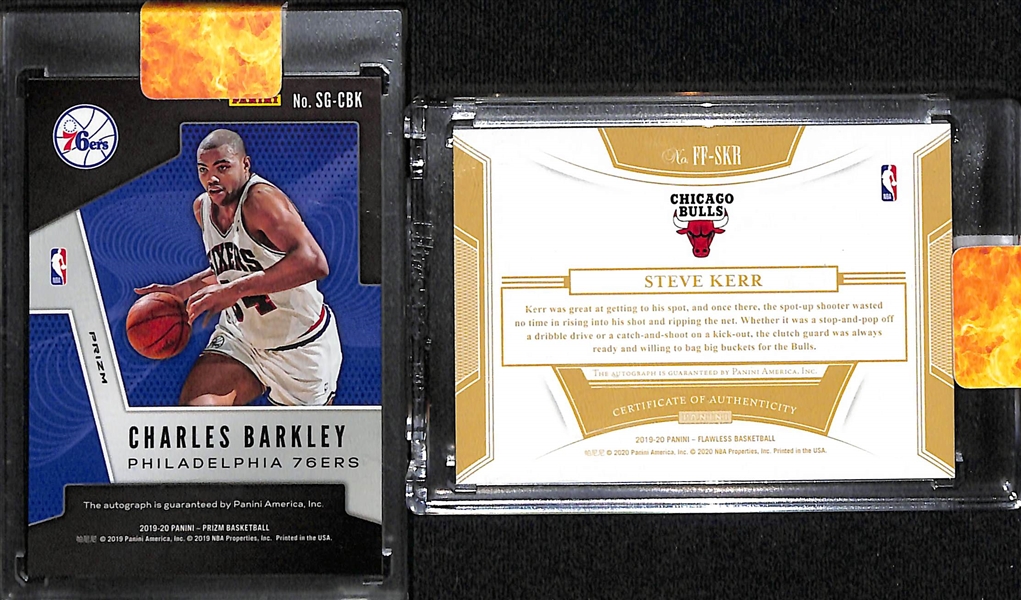 Lot of (2) NBA Hall of Fame Autograph Cards inc. 2019-20 Prizm Charles Barkley Choice Short Print, 2019-20 Flawless Steve Kerr Flawless Finishes (#/75)