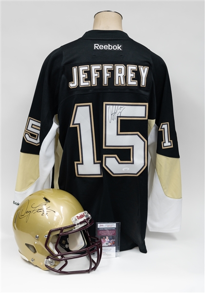 Mixed Sports Memorabilia Lot w. Doug Flutie Autographed Full Sized Speed Authentic Team Issued Boston College Helmet and Dustin Jeffrey Autographed Reebok Penguins Jersey (Beckett and JSA Certs)