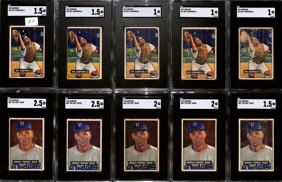  Lot of (5) SGC Graded 1951 Bowman Roy Campanella & (5) PeeWee Reese Baseball Cards