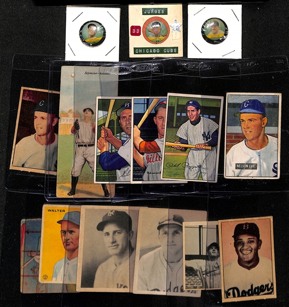 (3) Orbit Gum Pins w. 1932 #19 Mule Haas & (12) 1911-1952 Vintage Baseball Cards w. 1951 Bowman Nellie Fox Rookie Card