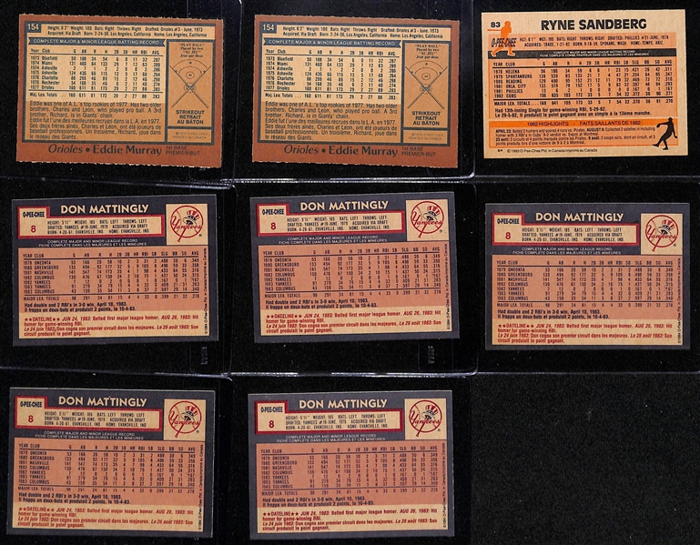 (8) O-Pee-Chee Baseball Rookie Cards w. (2) 1978 Murray, 1983 Sandburg, (5) 1984 Mattingly