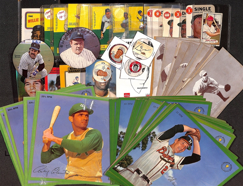 Vintage Sports Cards, Exhibits, Record, & Pin Lot w. 1968 Topps Mickey Mantle Game Card