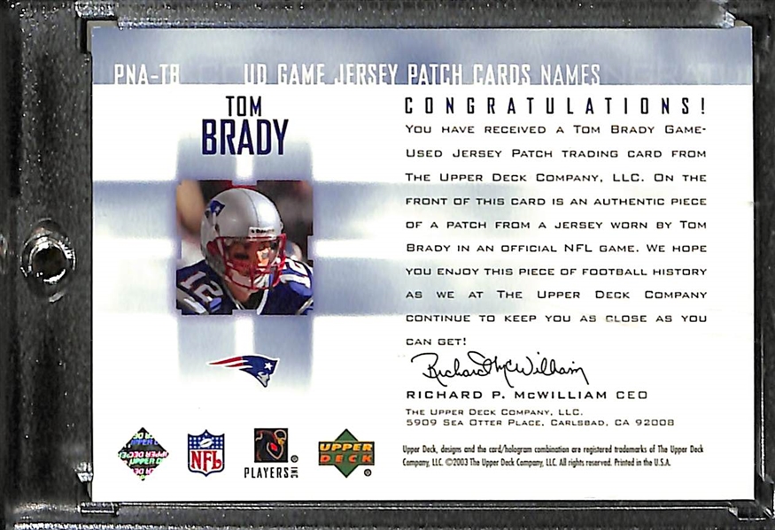 2003 Upper Deck UD Game Jersey Tom Brady Patch Card w. Piece of Brady's Game-Work Jersey