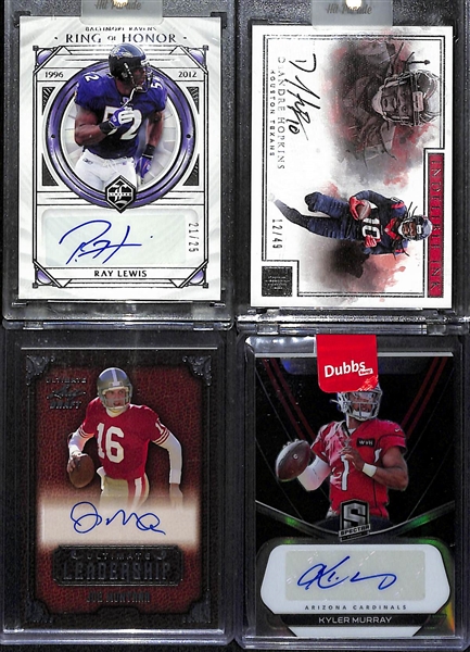 Lot of (4) NFL Superstar and Hall of Fame Autograph Cards inc. 2021 Limited Ray Lewis Ring of Honor (#/25), 2017 Impeccable DeAndre Hopkins Indelible Ink (#/49), 2022 Leaf Ultimate Draft Joe...