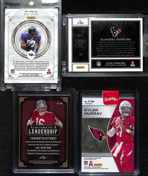 Lot of (4) NFL Superstar and Hall of Fame Autograph Cards inc. 2021 Limited Ray Lewis Ring of Honor (#/25), 2017 Impeccable DeAndre Hopkins Indelible Ink (#/49), 2022 Leaf Ultimate Draft Joe...