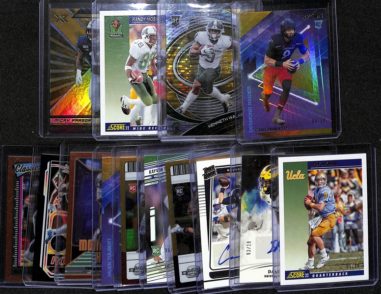 Lot of (14) Football Mostly Gold Parallel Super Short Print Cards each (#/10) inc. Desmond Ridder Rookie, Kenneth Walker Spectra Rookie, Randy Moss, Micah Parsons, + 