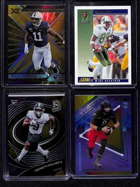 Lot of (14) Football Mostly Gold Parallel Super Short Print Cards each (#/10) inc. Desmond Ridder Rookie, Kenneth Walker Spectra Rookie, Randy Moss, Micah Parsons, + 