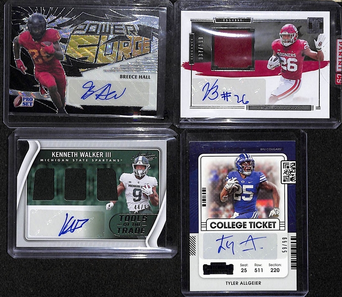 Lot of (20) Football Rookie Cards inc. Autographs, Jerseys, Serial Numbered- Breece Hall Autograph, Kenneth Walker Patch Autograph, Tyler Allgeier Autograph, +