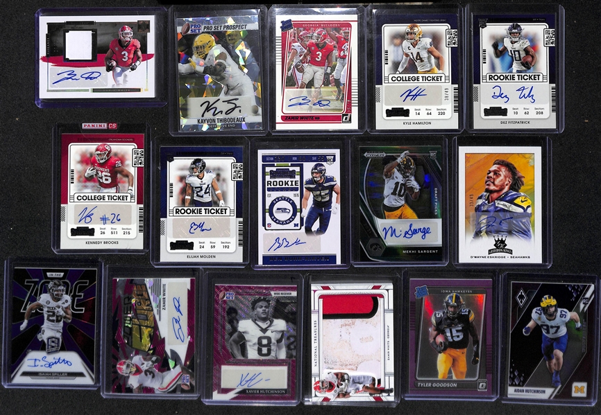 Lot of (20) Football Rookie Cards inc. Autographs, Jerseys, Serial Numbered- Breece Hall Autograph, Kenneth Walker Patch Autograph, Tyler Allgeier Autograph, +