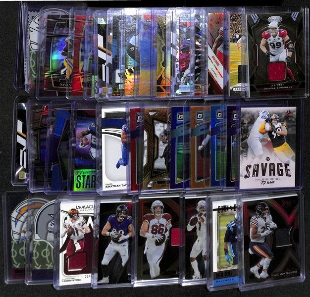 Lot of (37) NFL Veteran Patchs, Jerseys, Short Prints, Serial Numbered Cards inc. JJ Watt Jersey (#/50), Aaron Rodgers Jersey (#/199), Nick Cubb Patch (#/75), Cooper Kupp (#/11), Nick Bosa (#/6), +