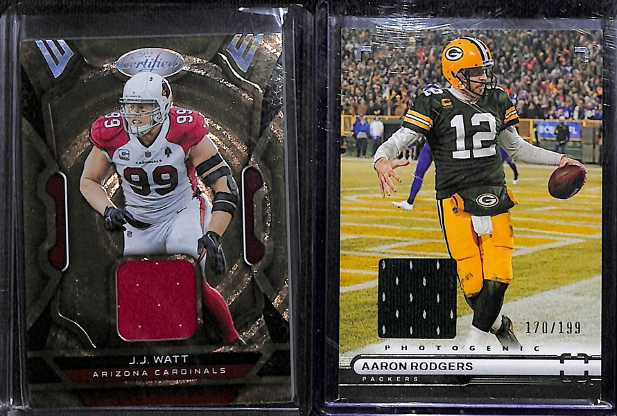 Lot of (37) NFL Veteran Patchs, Jerseys, Short Prints, Serial Numbered Cards inc. JJ Watt Jersey (#/50), Aaron Rodgers Jersey (#/199), Nick Cubb Patch (#/75), Cooper Kupp (#/11), Nick Bosa (#/6), +