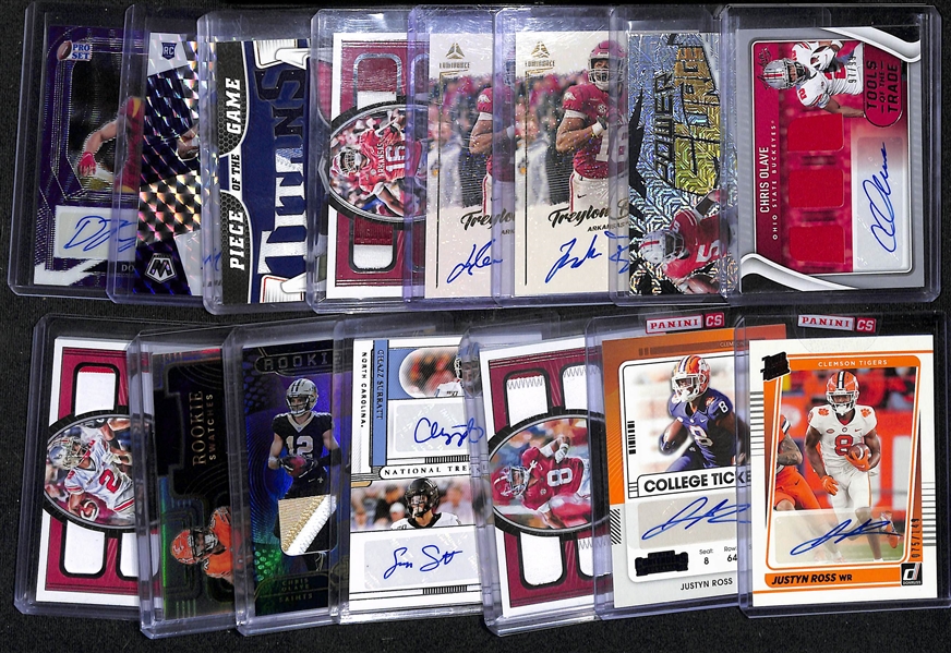 Lot of (15) Wide Receiver Autograph and Patch Rookie Cards inc. (2) Chris Olave Patch Autographs both (#/99), Garrett Wilson Autograph (#/25), (4) Treylon Burks Autographs and Patches, +