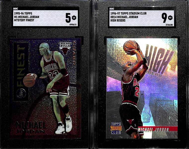 Lot of (2) SGC Graded Topps Michael Jordan Cards Inc. 1995-96 M1 Michael Jordan Mystery Finest (SGC 5) & 1996-97 Stadium Club High Risers (SGC 9)