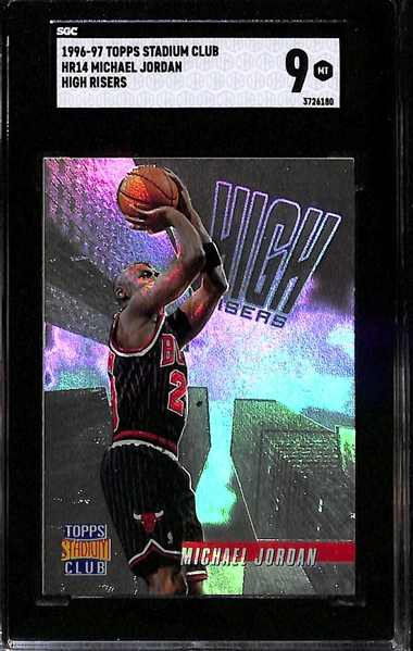 Lot of (2) SGC Graded Topps Michael Jordan Cards Inc. 1995-96 M1 Michael Jordan Mystery Finest (SGC 5) & 1996-97 Stadium Club High Risers (SGC 9)