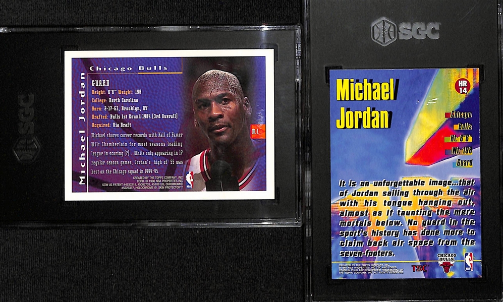 Lot of (2) SGC Graded Topps Michael Jordan Cards Inc. 1995-96 M1 Michael Jordan Mystery Finest (SGC 5) & 1996-97 Stadium Club High Risers (SGC 9)