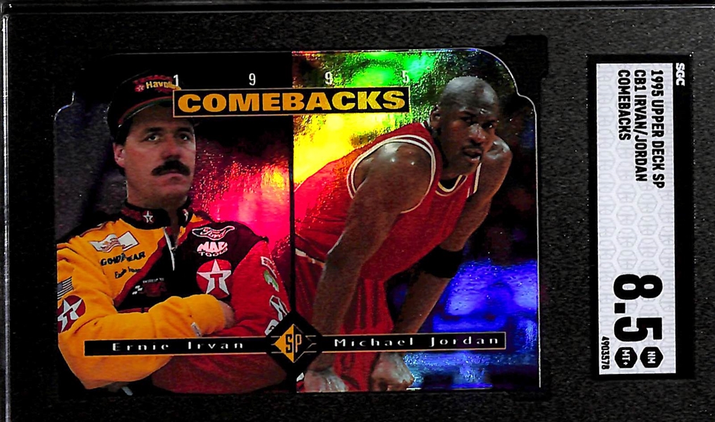 Lot of (3) SGC Graded Michael Jordan Cards Inc. 1994-95 Upper Deck SP Championship He's Back Die-Cut (SGC 9), 1995 Upper Deck SP Irvan/Jordan Comebacks (SGC 8.5), and 1996-97 Topps #1 Michael...