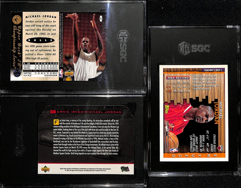 Lot of (3) SGC Graded Michael Jordan Cards Inc. 1994-95 Upper Deck SP Championship He's Back Die-Cut (SGC 9), 1995 Upper Deck SP Irvan/Jordan Comebacks (SGC 8.5), and 1996-97 Topps #1 Michael...