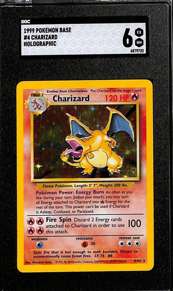 Lot of (3) SGC Graded Pokemon Cards Inc. 1999 Base #4 Charizard Holographic (Graded 6), 2020 Vivid Voltage #025 Charizard Cracked Ice Holographic (Graded 8), 2022 Promo Pikachu Pokemon Go Tin...