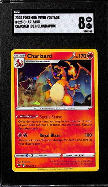 Lot of (3) SGC Graded Pokemon Cards Inc. 1999 Base #4 Charizard Holographic (Graded 6), 2020 Vivid Voltage #025 Charizard Cracked Ice Holographic (Graded 8), 2022 Promo Pikachu Pokemon Go Tin...