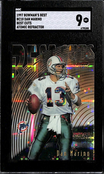 Lot of (2) SGC Graded Quarterback Cards Inc. 1997 Bowman's Best Dan Marino Best Cuts Atomic Refractor (Graded 9) & 1998 Flair Showcase Peyton Manning Row 1 (Graded 8) 