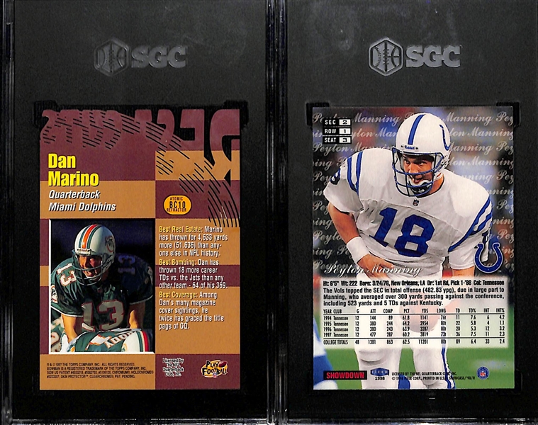 Lot of (2) SGC Graded Quarterback Cards Inc. 1997 Bowman's Best Dan Marino Best Cuts Atomic Refractor (Graded 9) & 1998 Flair Showcase Peyton Manning Row 1 (Graded 8) 