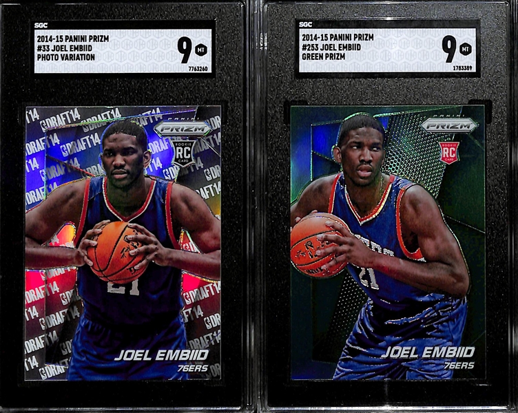 Lot of (2) SGC Graded 2014-15 Panini Prizm Joel Embiid Rookie Cards Inc. Photo Variation and Green Parallels (Both Graded 9)