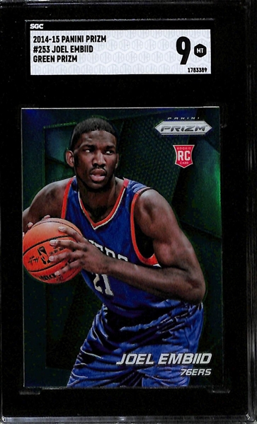 Lot of (2) SGC Graded 2014-15 Panini Prizm Joel Embiid Rookie Cards Inc. Photo Variation and Green Parallels (Both Graded 9)