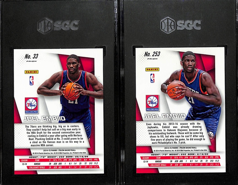 Lot of (2) SGC Graded 2014-15 Panini Prizm Joel Embiid Rookie Cards Inc. Photo Variation and Green Parallels (Both Graded 9)