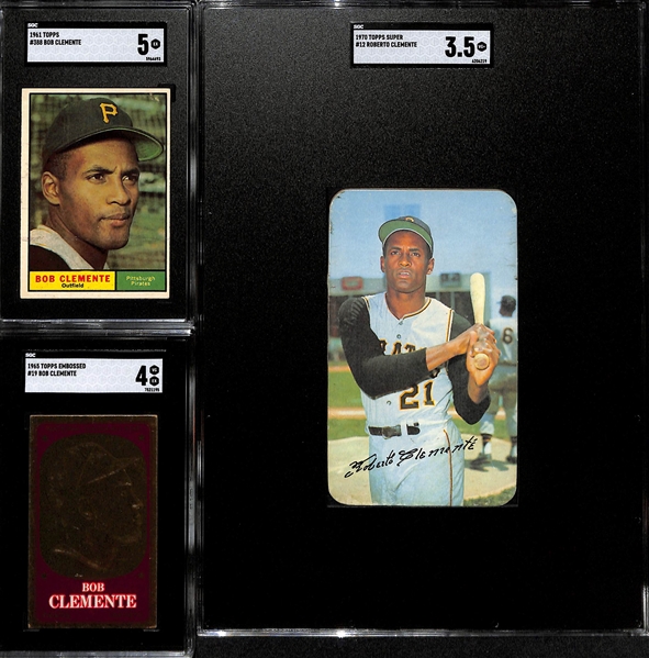 Lot of (3) SGC Graded Topps Roberto Clemente Baseball Cards Inc. 1961 #388 (Graded 5), 1965 Embossed #19 (Graded 4), 1970 Super #12 (Graded 3.5)