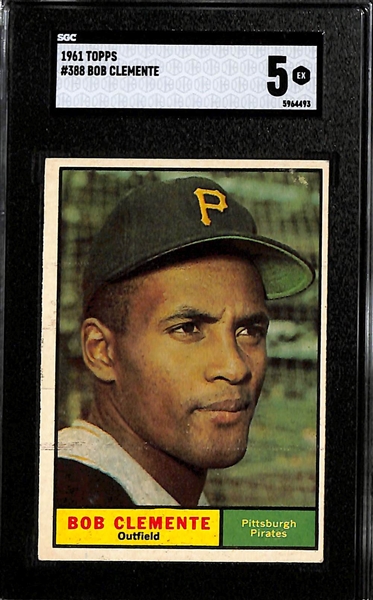 Lot of (3) SGC Graded Topps Roberto Clemente Baseball Cards Inc. 1961 #388 (Graded 5), 1965 Embossed #19 (Graded 4), 1970 Super #12 (Graded 3.5)