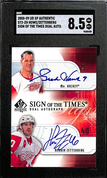 2008-09 Upper Deck SP Authentic Gordie Howe/Henrick Zetterberg Sign Of The Times Dual Autographed Card Graded SGC 8.5