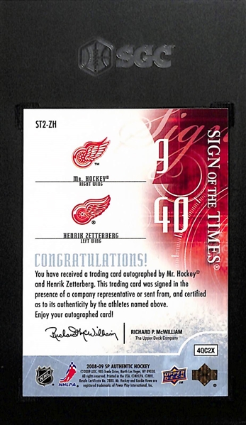 2008-09 Upper Deck SP Authentic Gordie Howe/Henrick Zetterberg Sign Of The Times Dual Autographed Card Graded SGC 8.5