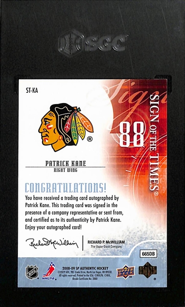 2008-09 Upper Deck SP Authentic Patrick Kane Sign Of The Times Autographed Card Graded SGC 10 (Autograph Grade 10)