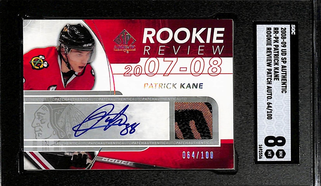 2008-09 Upper Deck SP Authentic Patrick Kane Rookie Review Patch Autographed Card #/100 Graded SGC 8