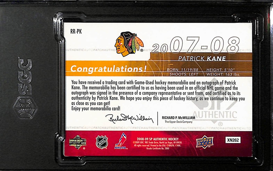 2008-09 Upper Deck SP Authentic Patrick Kane Rookie Review Patch Autographed Card #/100 Graded SGC 8