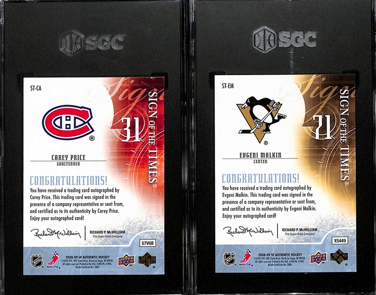 Lot of (2) Upper Deck SP Authentic Sign Of The Times Autographed Cards Inc. Carey Price Graded SGC 4 (Autograph Grade 10) & Evgeni Malkin Graded SGC 9.5 (Autograph Grade 10)